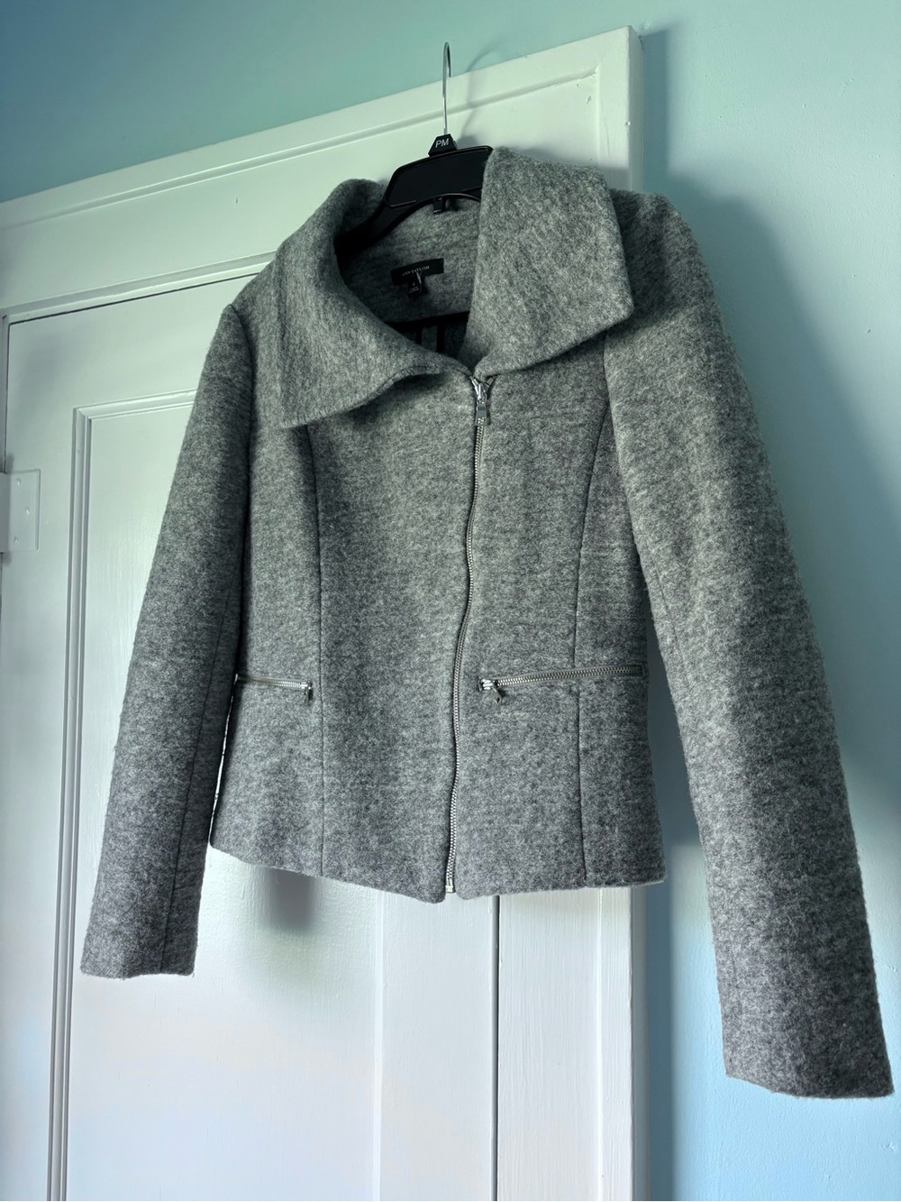 Ann Taylor Gray Wool Blend Asymmetrical Cropped Moto Jacket Business Casual